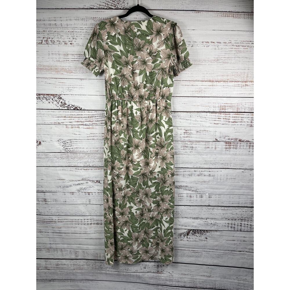 C Dress Women's Size Small Green Pink Floral Maxi Button Front Short Sleeve - Picture 9 of 9